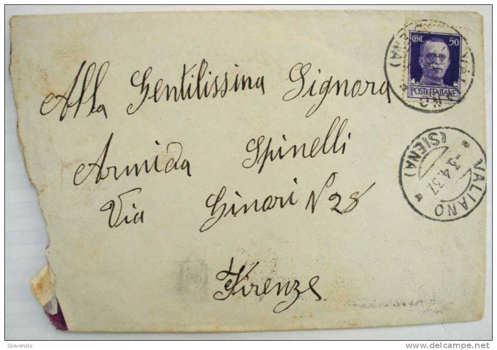 ITALIA REGNO 1937 DA VALIANO SIENA  PER FIRENZE - X1 - Storia Postale