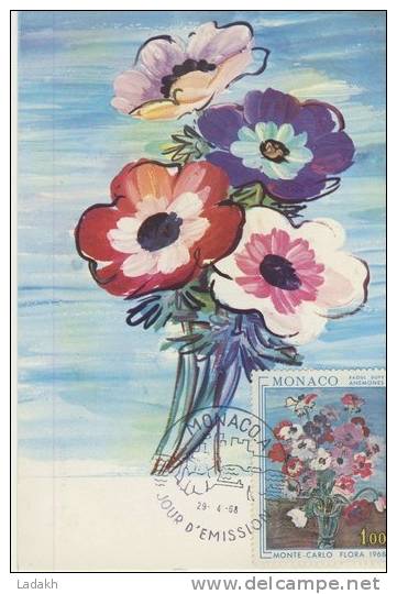 CARTE MAXIMUM  1968 MONACO  # RAOUL  DUFY ANEMONES # FLEURS # MONTE CARLO FLORA # - Cartes-Maximum (CM)