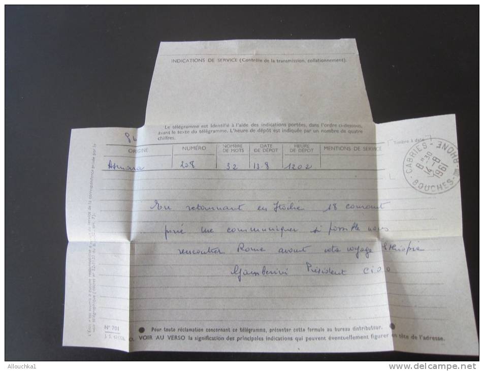 TELEGRAMME OFFICIEL: De Asmara A. A. Pour Hostellerie Du Lac Cabriés  Bouches-du-Rhône 14 Août 1961 - Télégraphes Et Téléphones