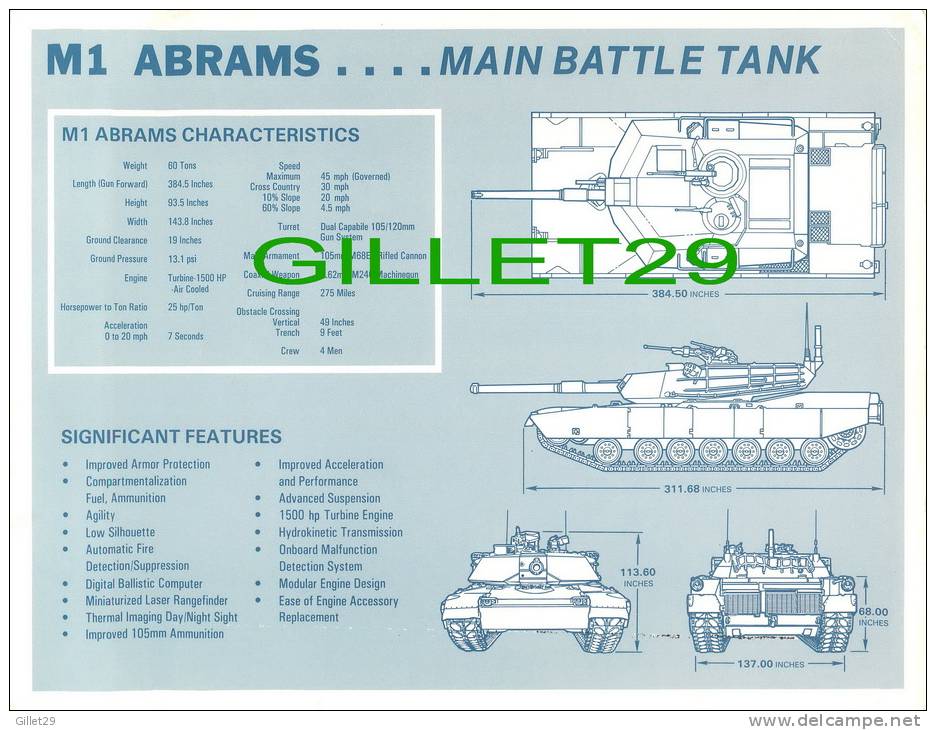 M1 ABRAMS MAIN BATTLE TANK - CHARACTERISTICS IN THE BACK - DIMENSION 28X22 Cm - - Autres & Non Classés