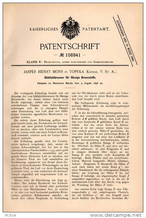 Original Patentschrift - J. Moss In Topeka , Kansas , 1898 , Brenner , Lampe Für Brennstoffe , Laterne !!! - Lighting & Lampshades