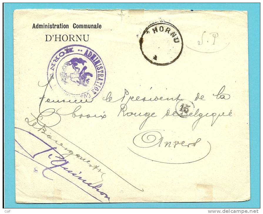 Brief "Administration Communale D'HORNU" Met Cirkelstempel Zonder Datummidden  HORNU (noodstempel) - Fortune Cancels (1919)