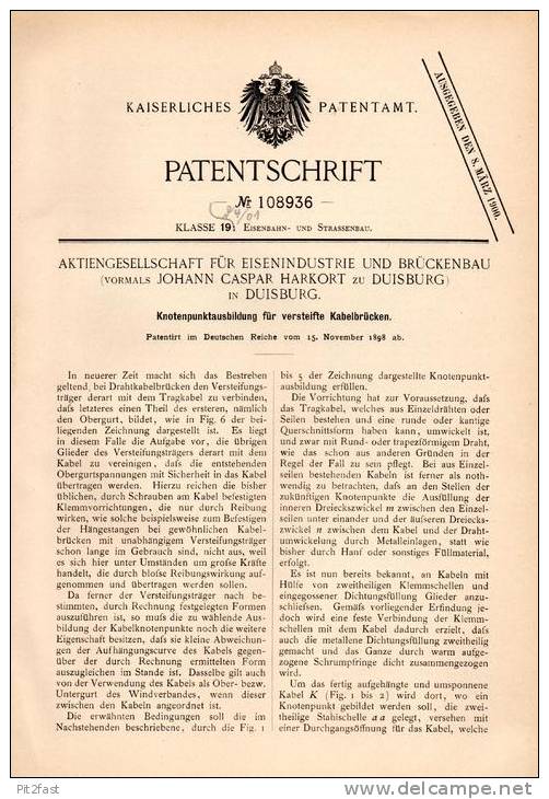 Original Patentschrift - Brückenbau AG , J- Harkort In Duisburg , 1898 , Versteifte Kabel - Brücke , Kabelbrücke !!! - Architecture