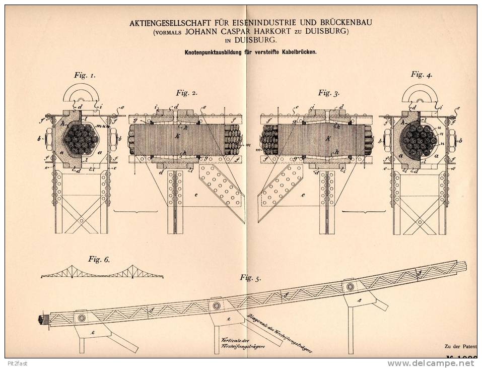 Original Patentschrift - Brückenbau AG , J- Harkort In Duisburg , 1898 , Versteifte Kabel - Brücke , Kabelbrücke !!! - Architecture