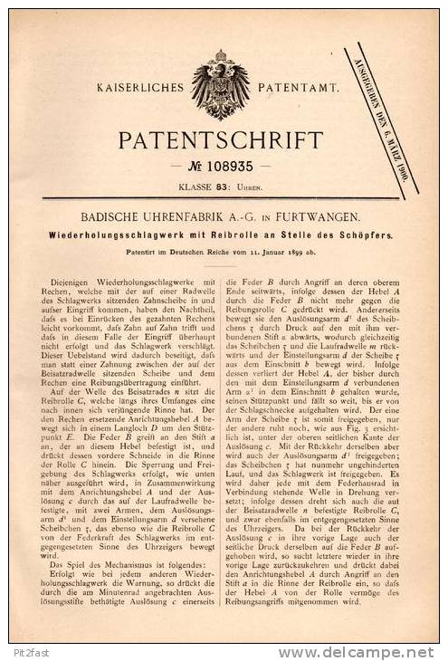 Original Patentschrift - Badische Uhrenfabrik AG In Furtwangen , 1899 , Schlagwerk Für Uhren , Uhr , Uhrmacher !!! - Antike Uhren