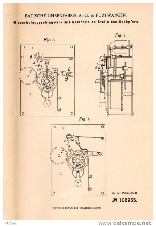 Original Patentschrift - Badische Uhrenfabrik AG In Furtwangen , 1899 , Schlagwerk Für Uhren , Uhr , Uhrmacher !!! - Watches: Old