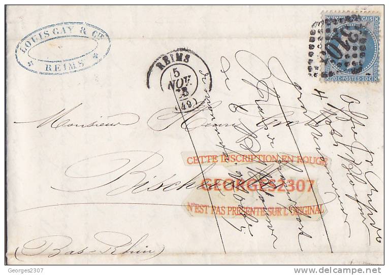 L.ETTRE Losange GC3103 Napoléon III Lauré- 05nov 1868 -reims Cachet Convoyeur Au Dos - 1863-1870 Napoléon III Con Laureles