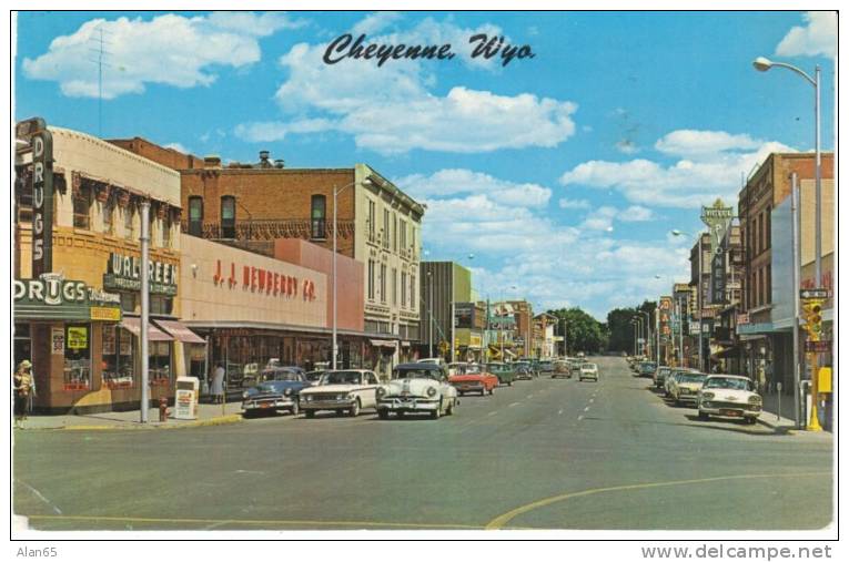 Cheyenne WY Wyoming, Street Scene, Drug Store, Stores, Autos, C1950s/60s Vintage Postcard - Cheyenne