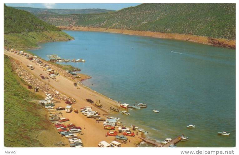 Flaming Gorge Lake WY Wyoming Utah Border, Boating Autos , C1950s/60s Vintage Postcard - Other & Unclassified