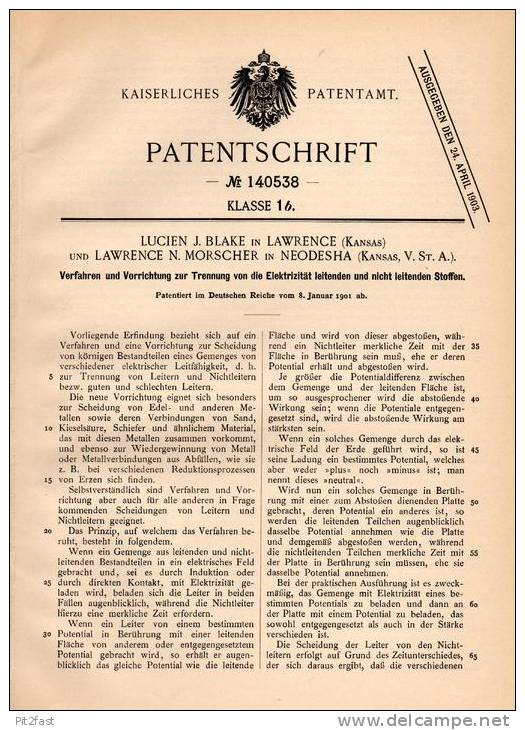 Original Patentschrift - L. Blake Und L. Morscher In Neodesha Und Lawrence , Kansas , 1901 , Apparat Für Electricity !!! - Documentos Históricos