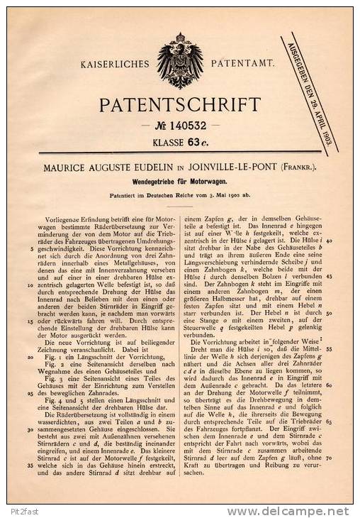 Original Patentschrift - M. Eudelin In Joinville Le Pont , 1902 , Getriebe Für Automobile , Motorwagen !!! - KFZ