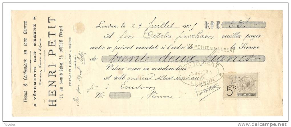 Lettre De Change, Mandat, Henri Petit - Loudun (86) - 1905 - Lettres De Change