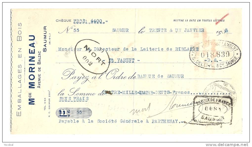 Lettre De Change, Mandat, Mce Morineau - Saumur (49) - 1933 ? - Lettres De Change