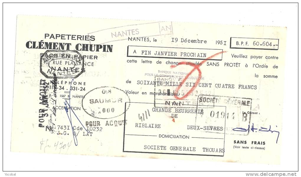 Lettre De Change, Mandat, Papeteries Clément Chupin - Nantes (44) - 1951 - Cambiali