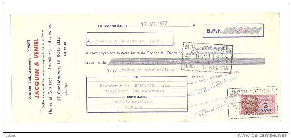 Lettre De Change, Mandat, Ets Jacquin &amp; Veniel - La Rochelle (17) - 1952 - Lettres De Change