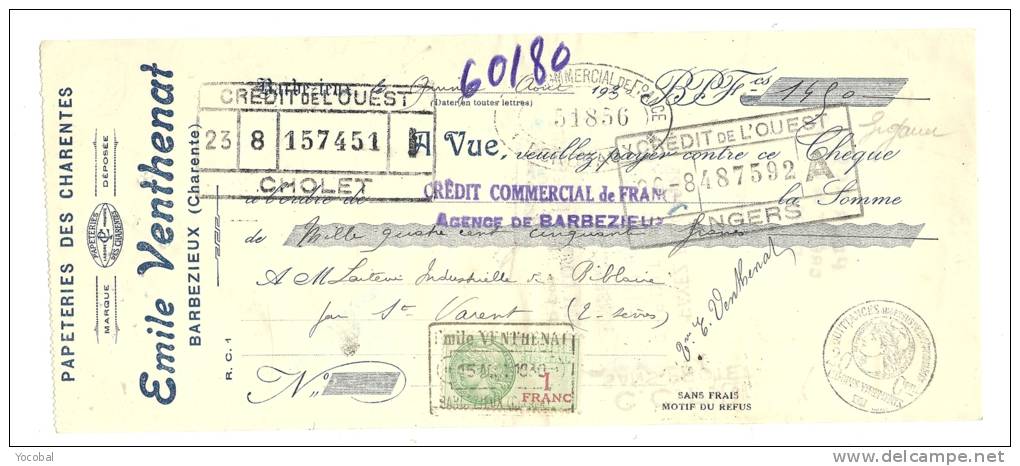 Lettre De Change, Mandat, Papeteries Emile Venthenat - Barbezieux (16) - 1930 - Lettres De Change