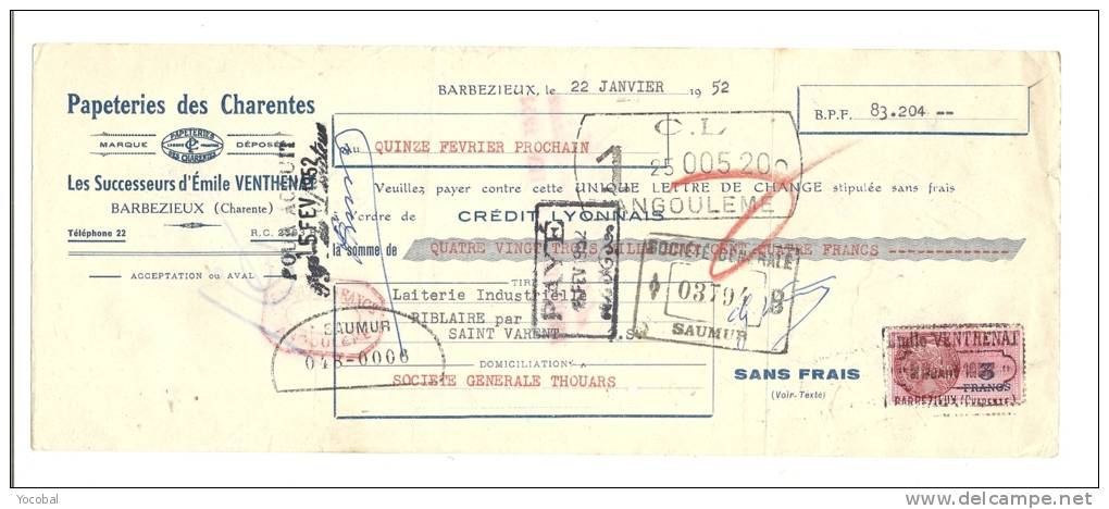 Lettre De Change, Mandat, Papeteries Emile Venthenat - Barbezieux (16) - 1952 - Bills Of Exchange