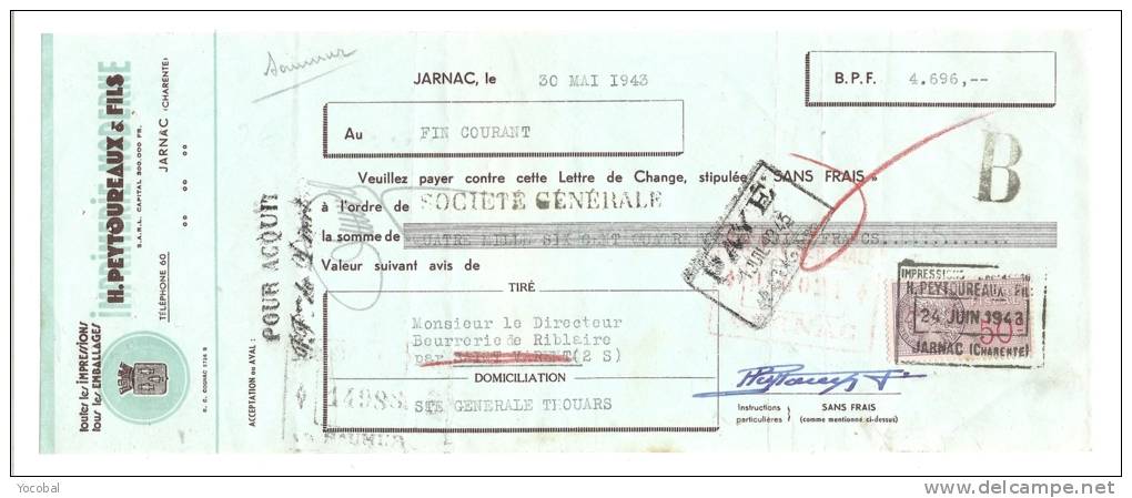 Lettre De Change, Mandat, H. Peytoureaux &amp; Fils - Jarnac (16) - 1943 - Lettres De Change