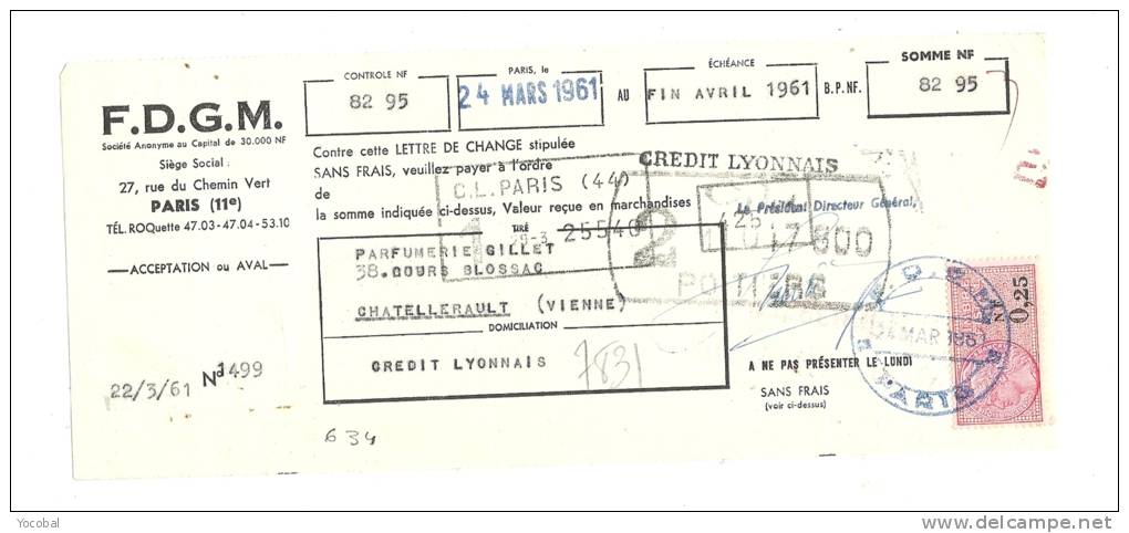 Lettre De Change, Mandat, F.D.G.M. - Paris (75) - 1961 - Lettres De Change