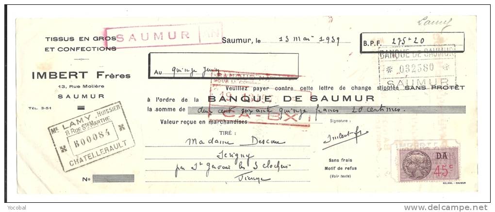 Lettre De Change, Mandat, Imbert Frères - Saumur (49) - 1939 - Lettres De Change