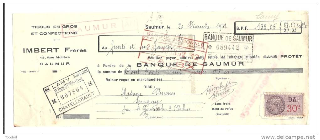Lettre De Change, Mandat, Imert Frères - Saumur (49) - 1938 - Lettres De Change