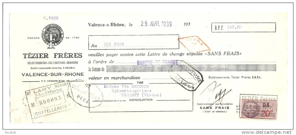 Lettre De Change, Mandat, Tézier Frères - Valence Sur Rhône (26) - 1939 - Lettres De Change