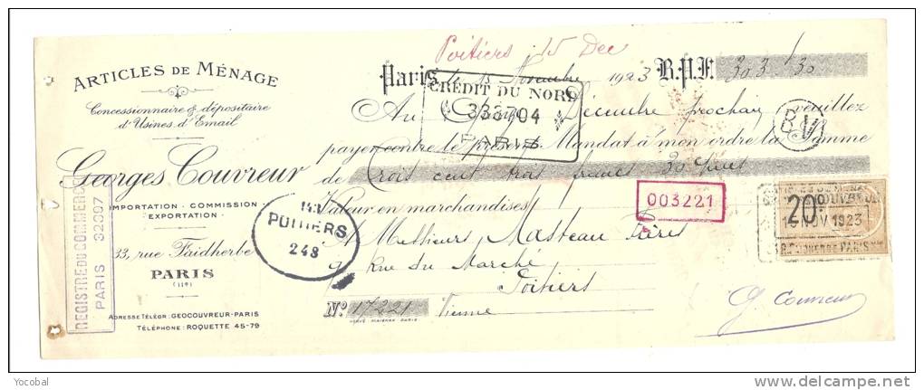 Lettre De Change, Mandat, Georges Couvreur - Paris (75) - 1923 - Wechsel