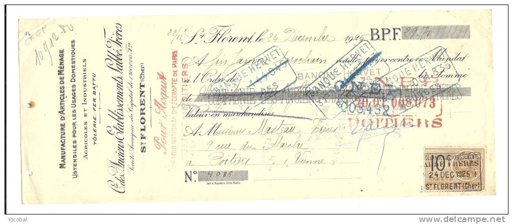 Lettre De Change, Mandat, Cie Anciens Ets LAbbé Frères - St-Florent (18) - 1925 - Lettres De Change