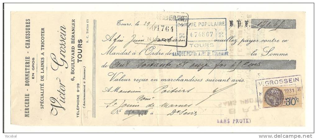 Lettre De Change, Mandat, Victor Grossein - Tours (37) - 1931 - Lettres De Change