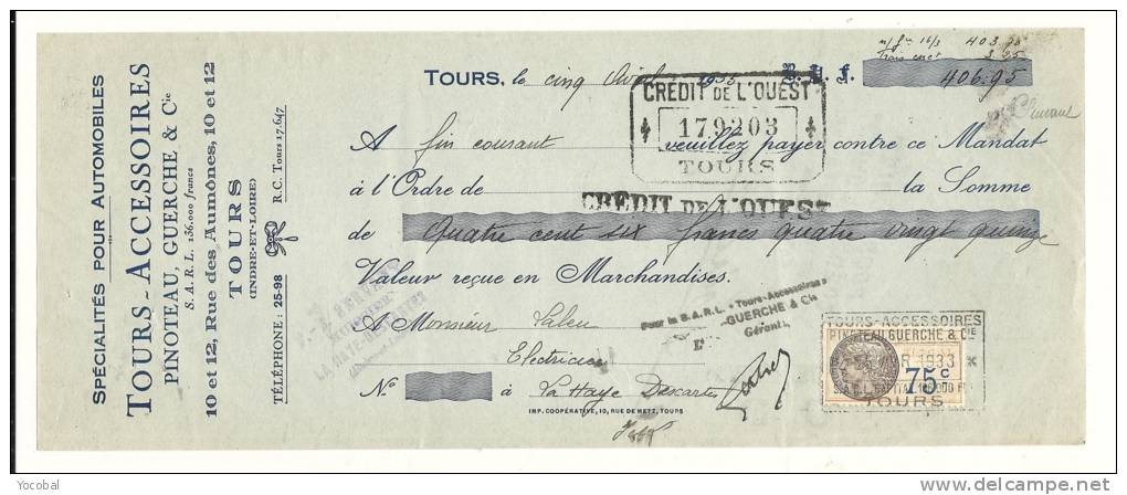 Lettre De Change, Mandat, Tours Accessoires - Tours (37) - 1933 - Lettres De Change