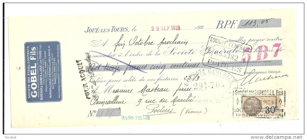 Lettre De Change, Mandat, Goble Fils - Joué-les-Tours (37) - 1928 - Lettres De Change