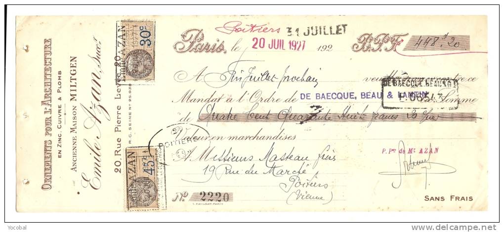 Lettre De Change, Mandat, Emile Azan, Succ. - Paris (75) - 1927 - Lettres De Change