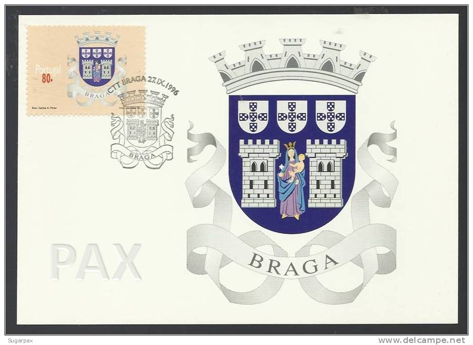 PORTUGAL - BRAGA - BRASÃO BRAZÃO DE ARMAS - COAT OF ARMS - ARMOIRIES - WAPENSCHILD - 2 SCANS - CARTE MAXIMUM - MAXICARD - Maximumkaarten