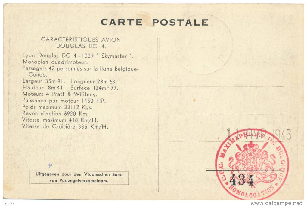 BELGIQUE - Douglas DC4 De La Sabena - Carte Maximale 1946 - 1946-....: Ere Moderne