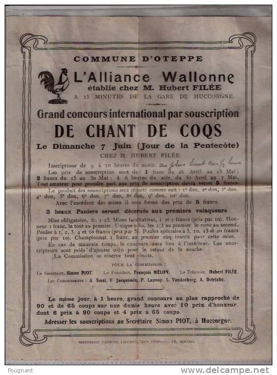 BELGIQUE :  OTEPPE(Liège?):1908:Conco Urs De CHANTS DE COQS.(Alliance Wallonne).RARE.Annonce De L´évènement.Bon état. - Programmes