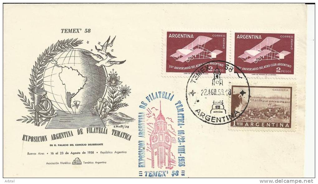 ARGENTINA EXPOSICION FILATELIA TEMATICA TEMEX 1958 SELLO AVION VUELO - Covers & Documents