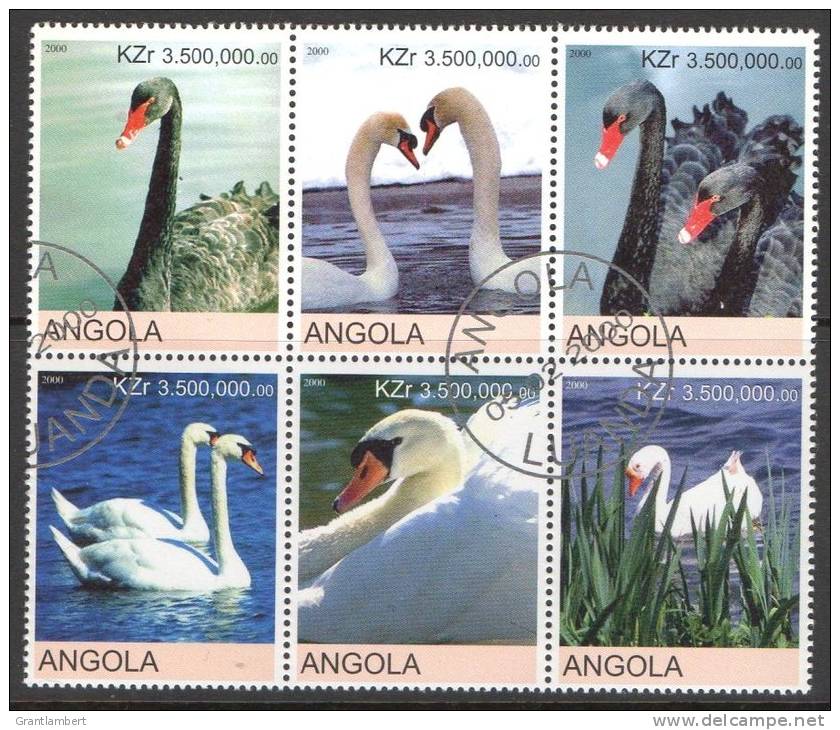 Angola 2000 Swans Block Of 6 CTO - Cygnes