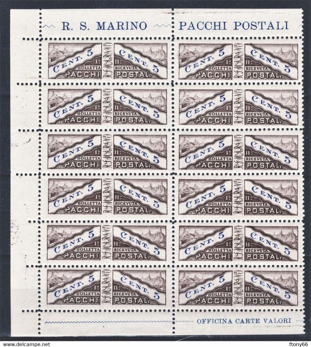 1928 San Marino Pacchi Postali BLOCCO 12 Valori 5 Cent. Sassone Nr. 1 Nuovi / New MNH** - Colis Postaux