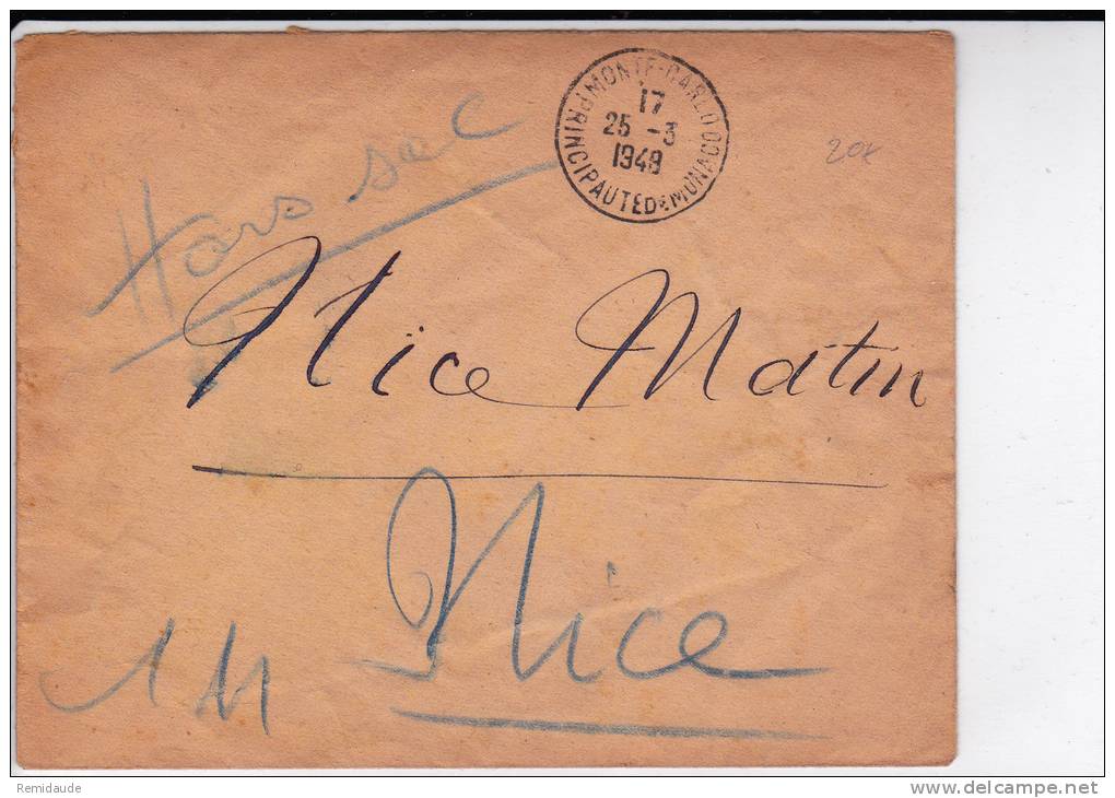 MONACO - 1949 - ENVELOPPE "HORS SAC" De MONTE CARLO Pour Le JOURNAL NICE MATIN - Marcofilia