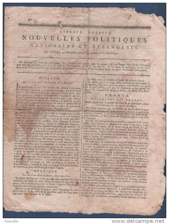 NOUVELLES POLITIQUES 17 12 1792 - ANVERS - FRANCFORT STRASBOURG - VERVIERS - PETIT RECHAIN - PRISONNIERS TEMPLE - CAMBON - Journaux Anciens - Avant 1800