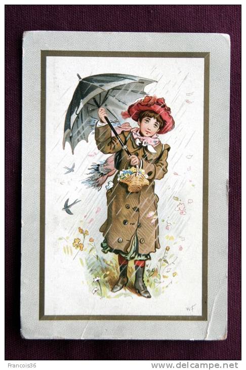 Lot De Deux Chromos Image Cartonnée : Jeune Fille Illustration Signée WF Parapluie Et écharpe - Autres & Non Classés