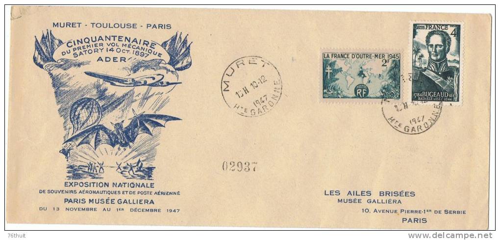 10/12/1947 - Enveloppe Lettre - Muret - Toulouse - Paris - Cinquantenaire Ader -Ailes Brisées -Numérotée -Timbre Arrivée - 1960-.... Briefe & Dokumente