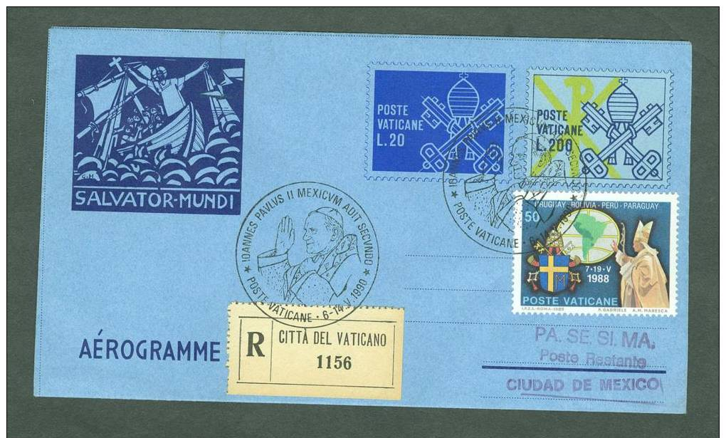 VATICAN 1990 AEROGRAMME REGISTERED POPE JOHN II Travel To CIUDAD DE MEXICO (WITH NEWSPAPER OF EVENT) (E7205 - Lettres & Documents