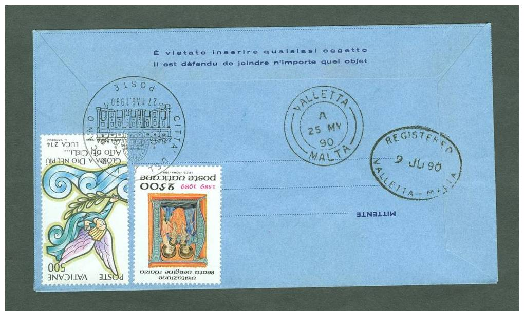 VATICAN 1990 AEROGRAMME REGISTERED POPE JOHN II Travel To VALLETTA MALTA (WITH NEWSPAPER OF EVENT) (E7202 - Lettres & Documents