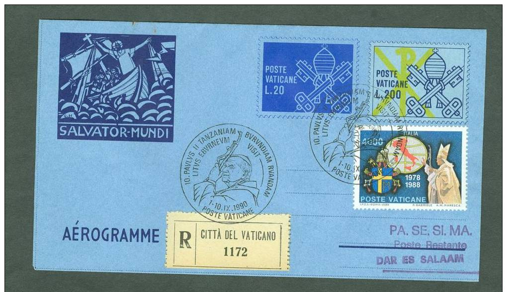 VATICAN 1990 AEROGRAMME REGISTERED POPE JOHN PAUL II Travel To DAR ES SALAAM TANZANIA (WITH NEWSPAPER OF EVENT) (E7198 - Lettres & Documents