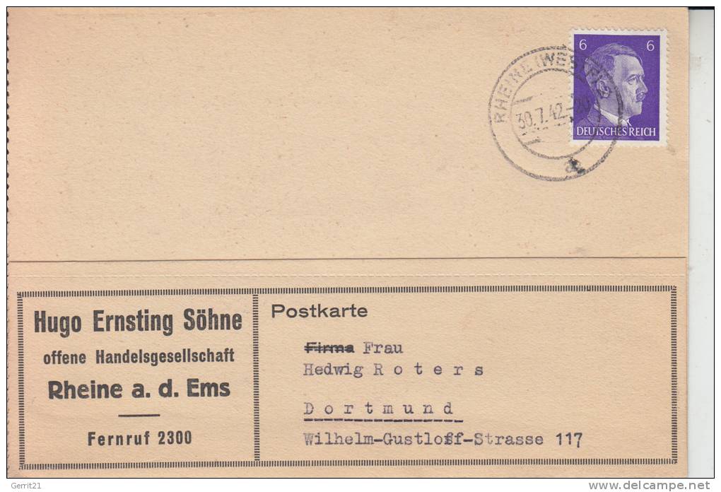 4440 RHEINE, Firmen-Postkarte, Hugo Ernsting Söhne 1942 - Rheine