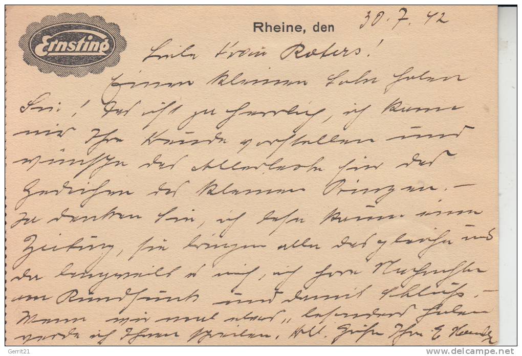 4440 RHEINE, Firmen-Postkarte, Hugo Ernsting Söhne 1942 - Rheine