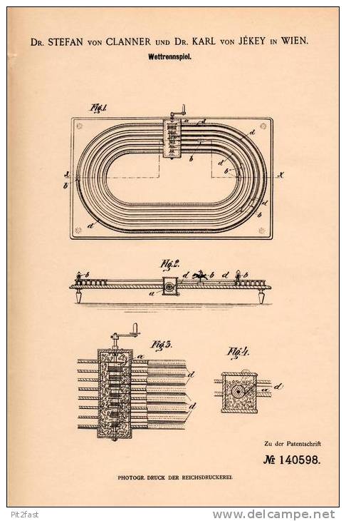 Original Patentschrift - Dr. S. Von Clanner Und Dr. K. Von Jékey In Wien , 1902, Wettrennspiel , Rennbahn , Pferderennen - Toy Memorabilia