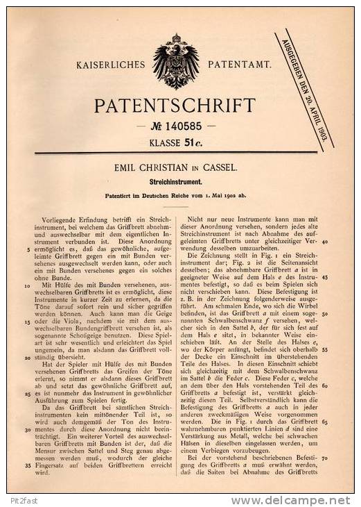 Original Patentschrift - E. Christian In Cassel , 1902 , Streichinstrument , Geige , Violine , Cello !!! - Instruments De Musique