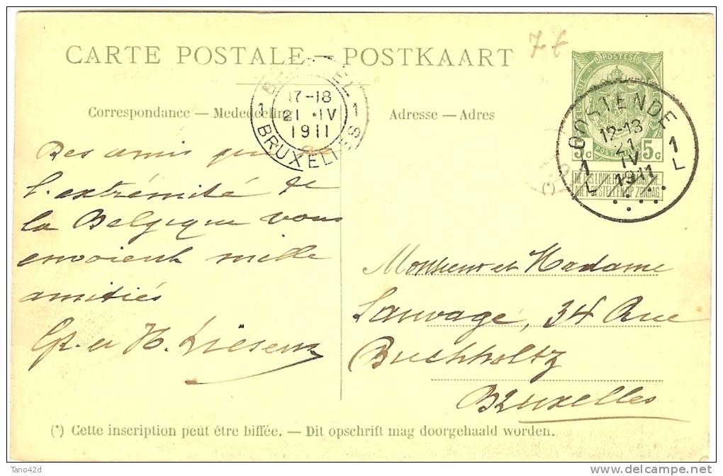 LPU5 - BELGIQUE EP CP PAQUEBOT PIETER DECONINCK VOYAGEE AVRIL 1911 - Bootkaarten